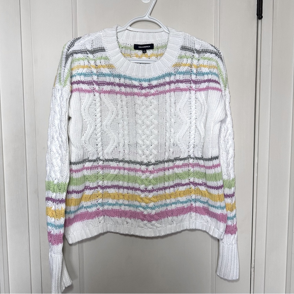 525 America 100% Cotton White Cable Knit Sweater with Pastel Stripes, Preppy
